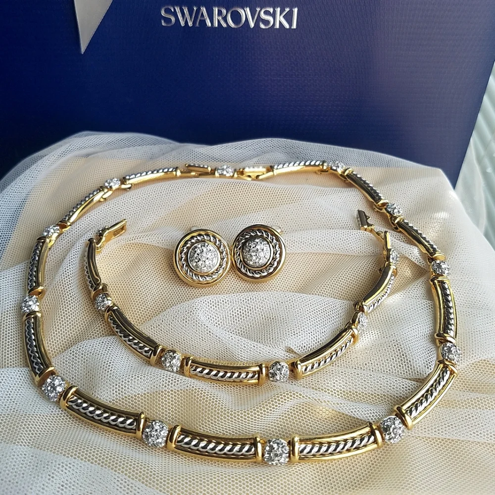 AUTHENTIC Swarovski 18k Gold Plated Tennis Necklace, Bracelet & Earrings SET - Picture 3 of 16
